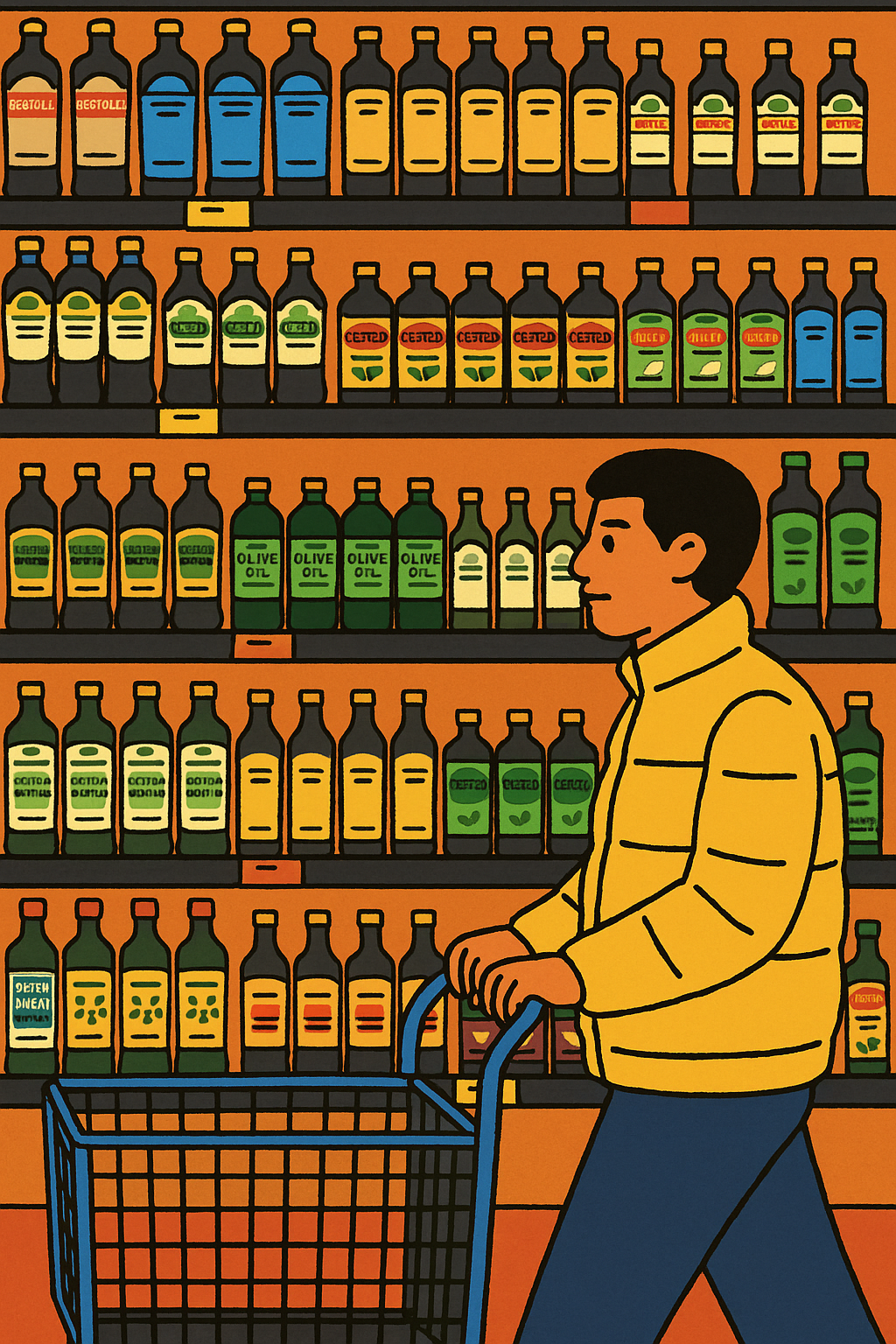 Shopping in the supermarket oil aisle